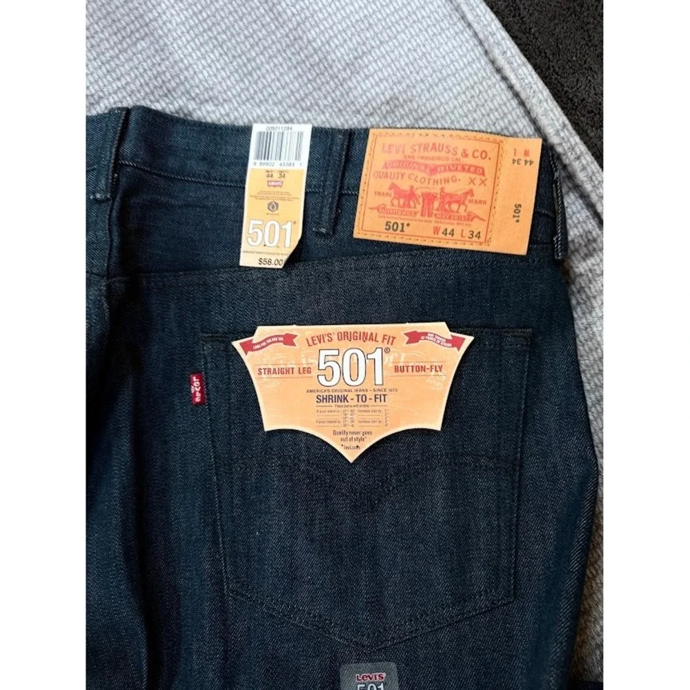 Levis 501 Original Fit Shrink To Fit Jeans Mens 44x34 Indigo Blue Rigid Denim